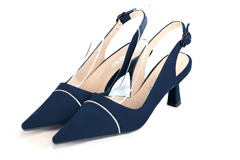 Navy blue and light silver women's slingback shoes. Pointed toe. Medium spool heels. Front view - Florence KOOIJMAN